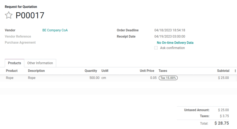 Display purchase order for the product, rope, in centimeters.