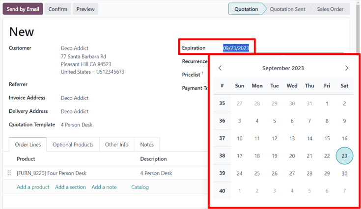 The expiration field on a standard quotation form in SotaERP Sales.