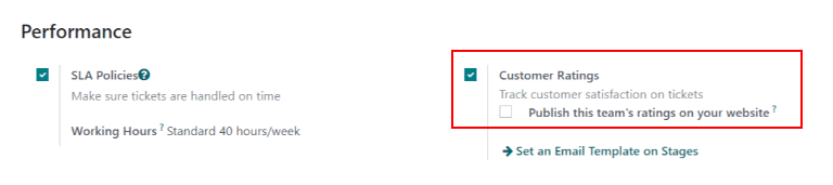 Overview of the settings page of a helpdesk team emphasizing the rating on ticket feature in SotaERP Helpdesk.