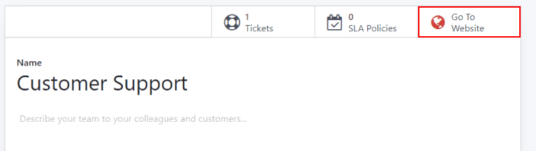 View of the settings page of a helpdesk team emphasizing the Go to Website button in SotaERP Helpdesk.