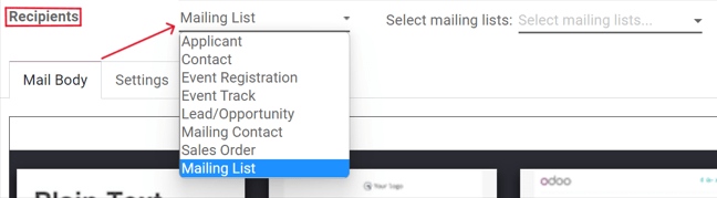 View of recipients drop-down menu in the SotaERP Email Marketing application.