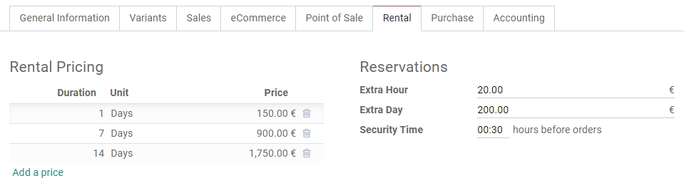 Example of rental pricing configuration in SotaERP Rental