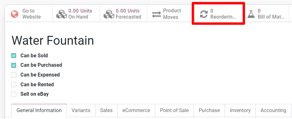 Access reordering rules for a product from the product page in SotaERP.