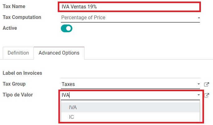 The ICA, IVA and Fuente fields in the Advanced Options tab in SotaERP.