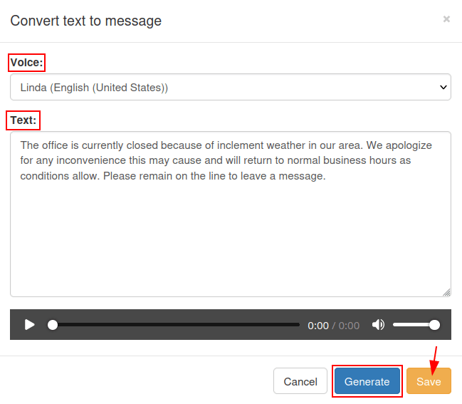 Convert text to message window with voice, text, generate button and save highlighted.