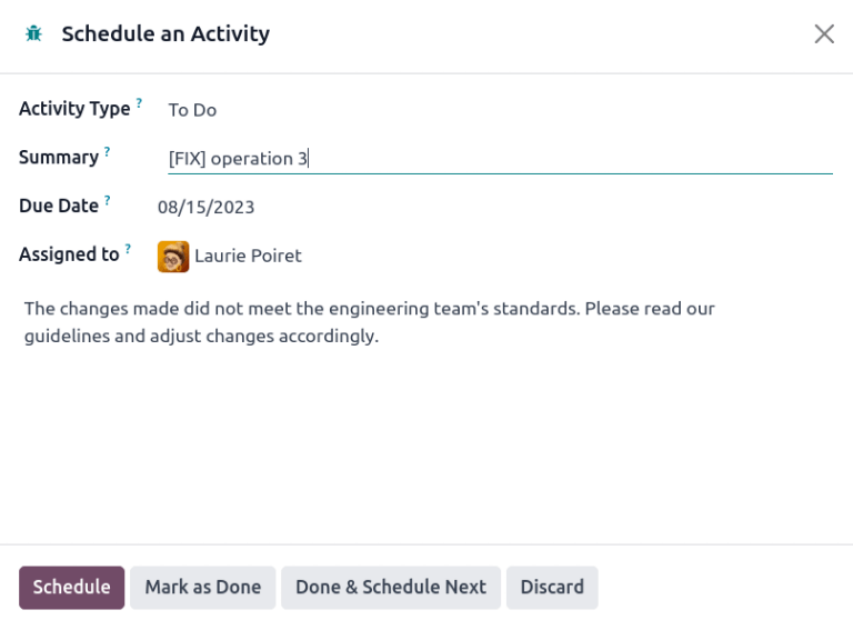 Create a scheduled activity for follow-up changes to a rejected ECO.