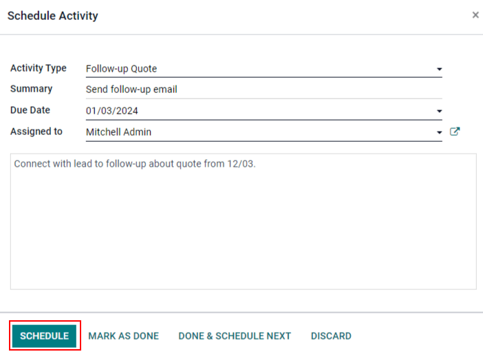 View of CRM leads and the option to schedule an activity.