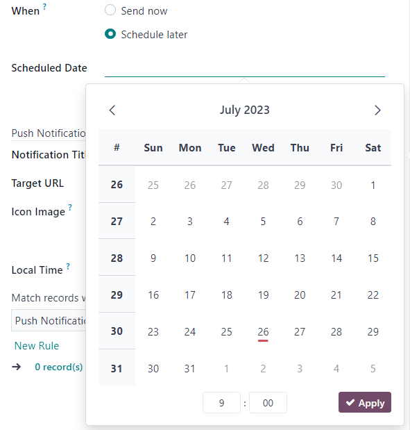 Schedule date pop-up window that appears on social media post detail form in SotaERP.