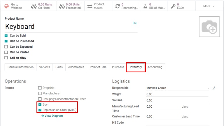 Select the MTO route and a second route on the Inventory tab.