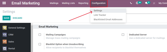 View of the Settings page in the SotaERP Email Marketing application.