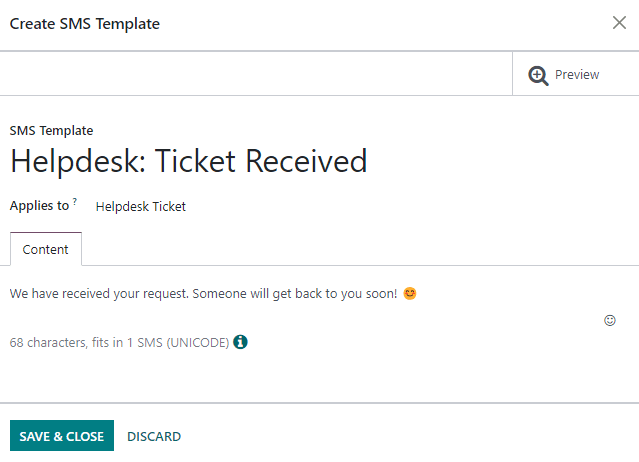 View of an SMS template setup page in SotaERP Helpdesk