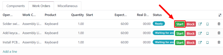 The Start button for a work order on a manufacturing order.