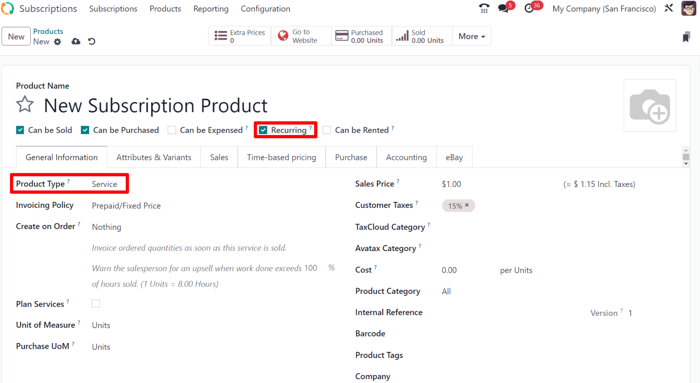 A basic subscription product form in SotaERP Subscriptions application.