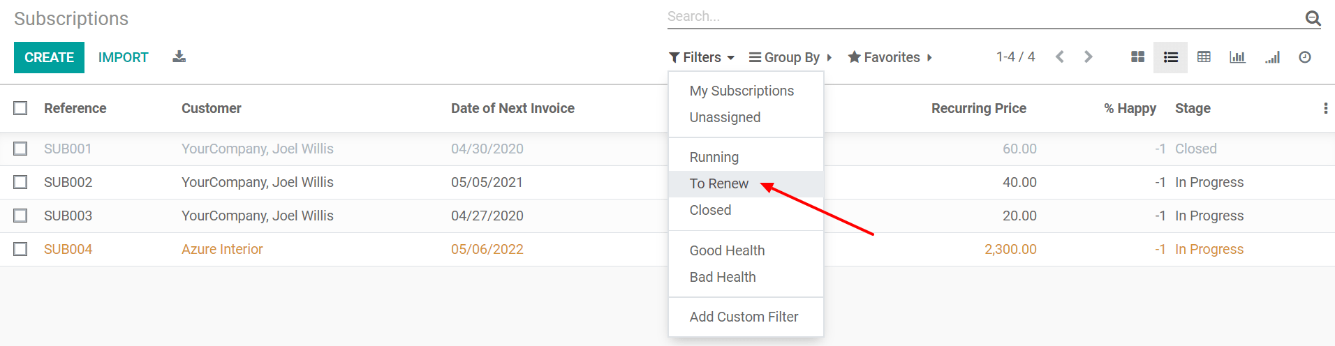 List view of all subscriptions and use of the filter to renew in SotaERP Subscriptions