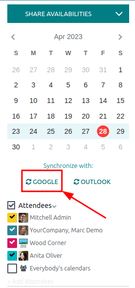 Click the Google sync button in SotaERP Calendar to sync Google Calendar with SotaERP.