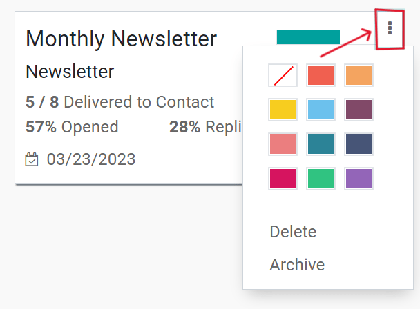 View of the three-dot drop-down menu on the SotaERP Email Marketing dashboard.