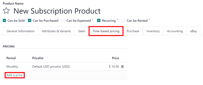 The time-based pricing tab on a subscription product form in SotaERP Subscriptions.