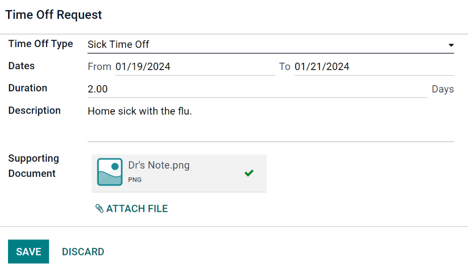 A time off request form filled out for an employee home sick for two days with the flu.