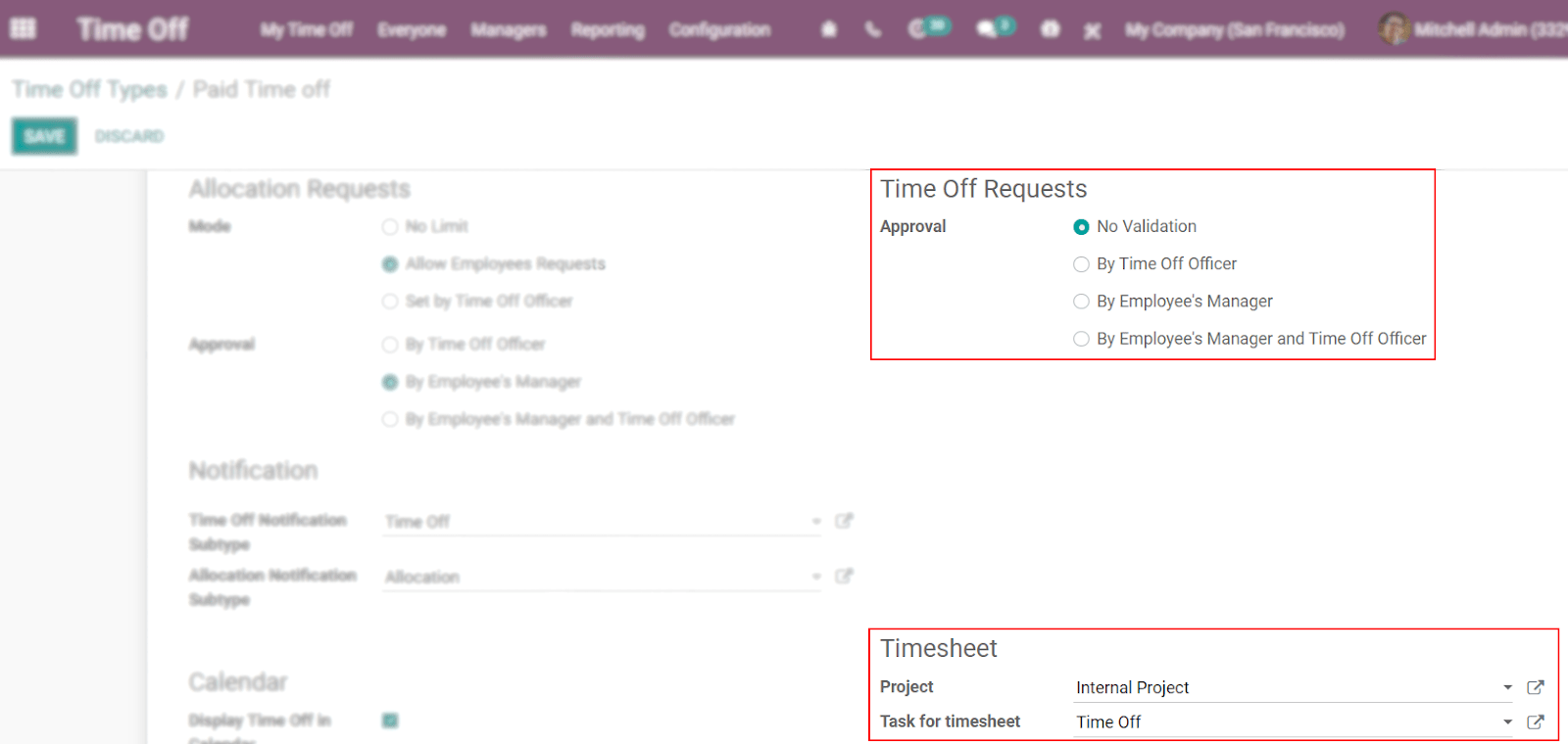 View of a time off types form emphasizing the time off requests and timesheets section in SotaERP Time Off