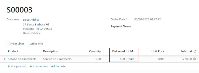 View of a sales order with emphasis on the delivered column.