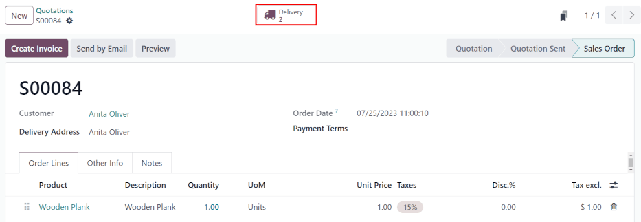 After confirming the sales order, the Delivery smart button appears showing two items associated with it.