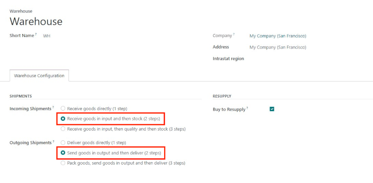 Set incoming and outgoing shipment options to receive and deliver in two steps.