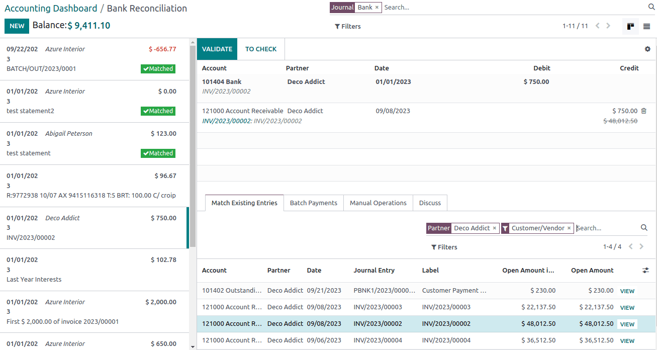 The user interface of the reconciliation view of a bank journal.