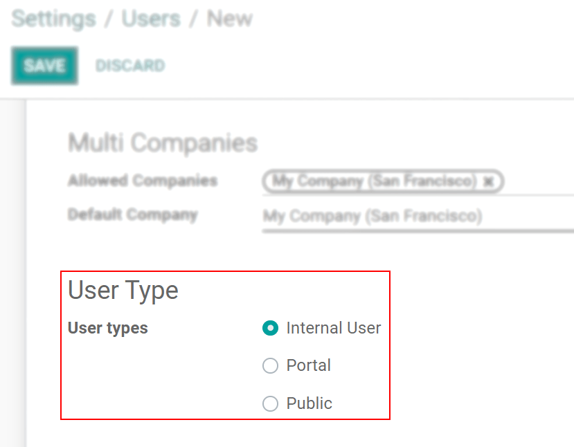 View of a user’s form in developer mode emphasizing the user type field in SotaERP