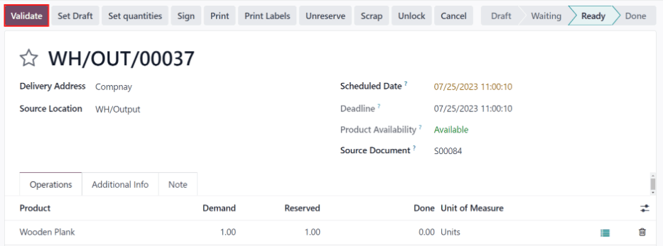 Click Validate on the delivery order to transfer the product from the output location to the customer location.