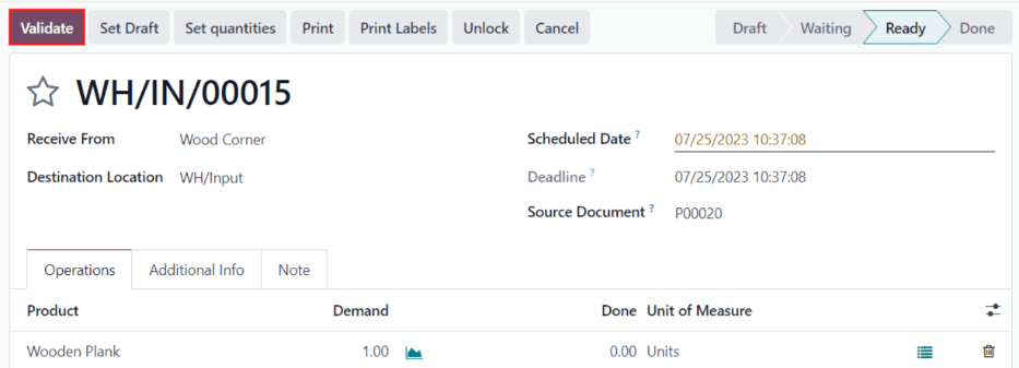 Validate the receipt by clicking Validate, then the product will be transferred to the WH/Input location.