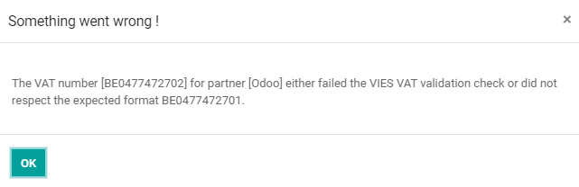 SotaERP displays an error message instead of saving when the VAT number is invalid