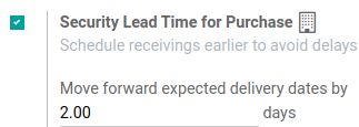 Set security lead time for purchase from the Inventory > Configuration > Settings.