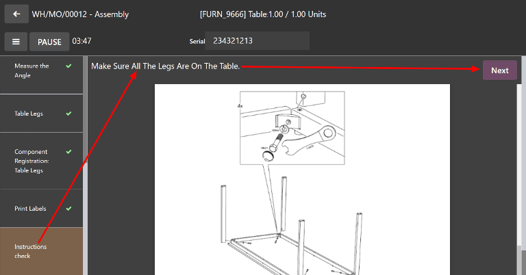 An Instructions check for a work order.