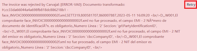 XML validation errors shown in the invoice chatter in SotaERP.