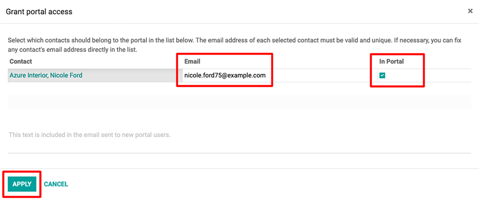 Một địa chỉ email và ô kiểm tra tương ứng cho liên hệ cần được điền trước khi gửi lời mời vào cổng thông tin.