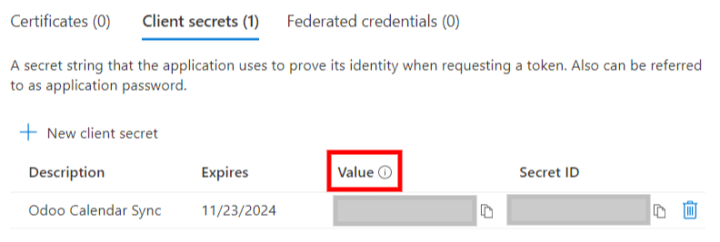 "Client Secret" token cần được sao chép từ Microsoft sang SotaERP.