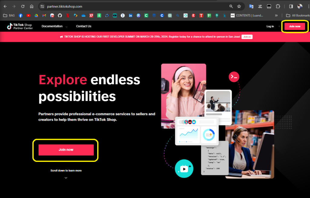 Join now button on TikTok Shop API homepage