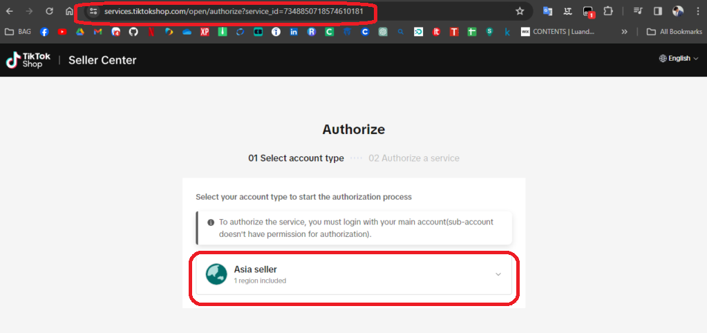 "Asia seller" selection on authorization page
