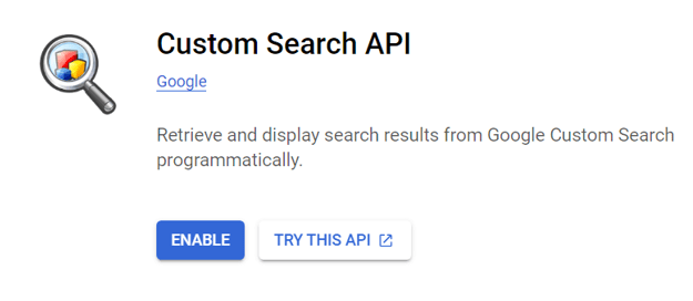 Trang "Custom Search API" với nút Enable được làm nổi bật trên Google Cloud Platform.