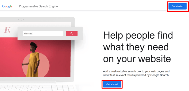 Trang Google Programmable Search Engine với các nút Bắt đầu.