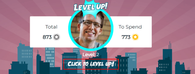 Một 'Click to level up!' xuất hiện dưới hình ảnh của người dùng, và một 'Level up!' lớn xuất hiện phía trên hình ảnh của họ.