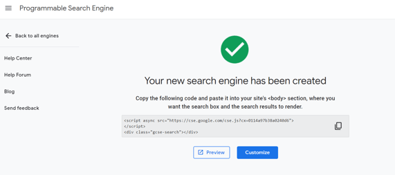 Trang Your New Search Engine Has Been Created xuất hiện với mã sao chép.