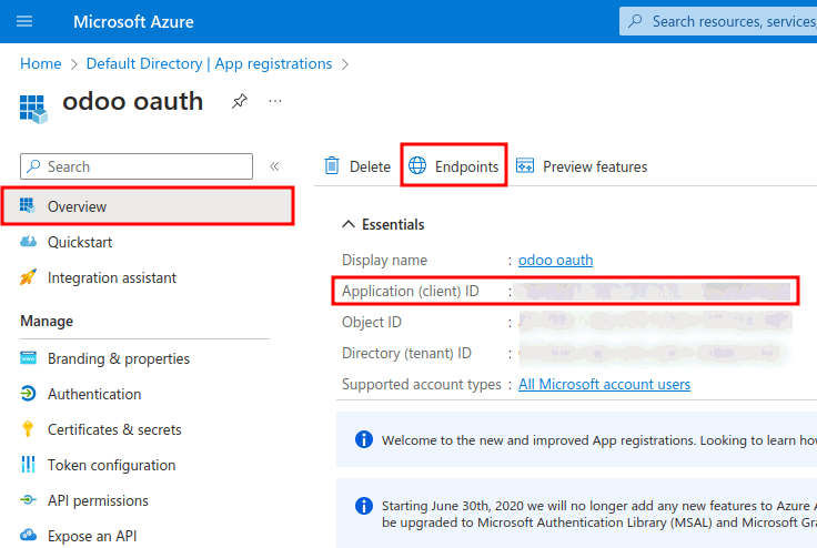 ID ứng dụng và thông tin xác thực điểm cuối ủy quyền OAuth 2.0 (v2).