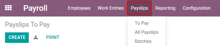 Chọn menu Payslips trong Bảng lương.