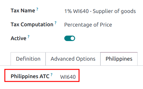 Mã ATC của Philippines được thiết lập trên lĩnh vực thuế.