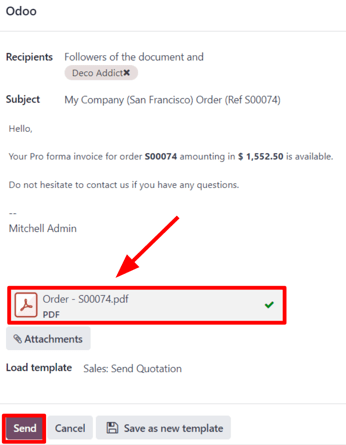 Cửa sổ pop-up email xuất hiện với hóa đơn pro-forma đính kèm trong SotaERP Sales.