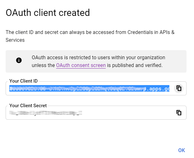 ID Khách hàng Google OAuth đã được tạo.