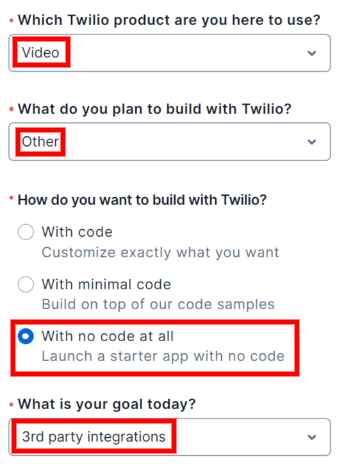 Trang chào mừng của Twilio.