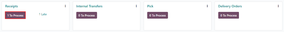 Một biên nhận sẵn sàng để xử lý trong chế độ xem kanban Tổng quan Kho hàng.