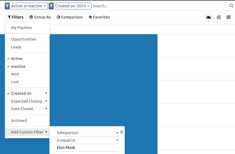 Using a custom filter on the Sales Analysis report